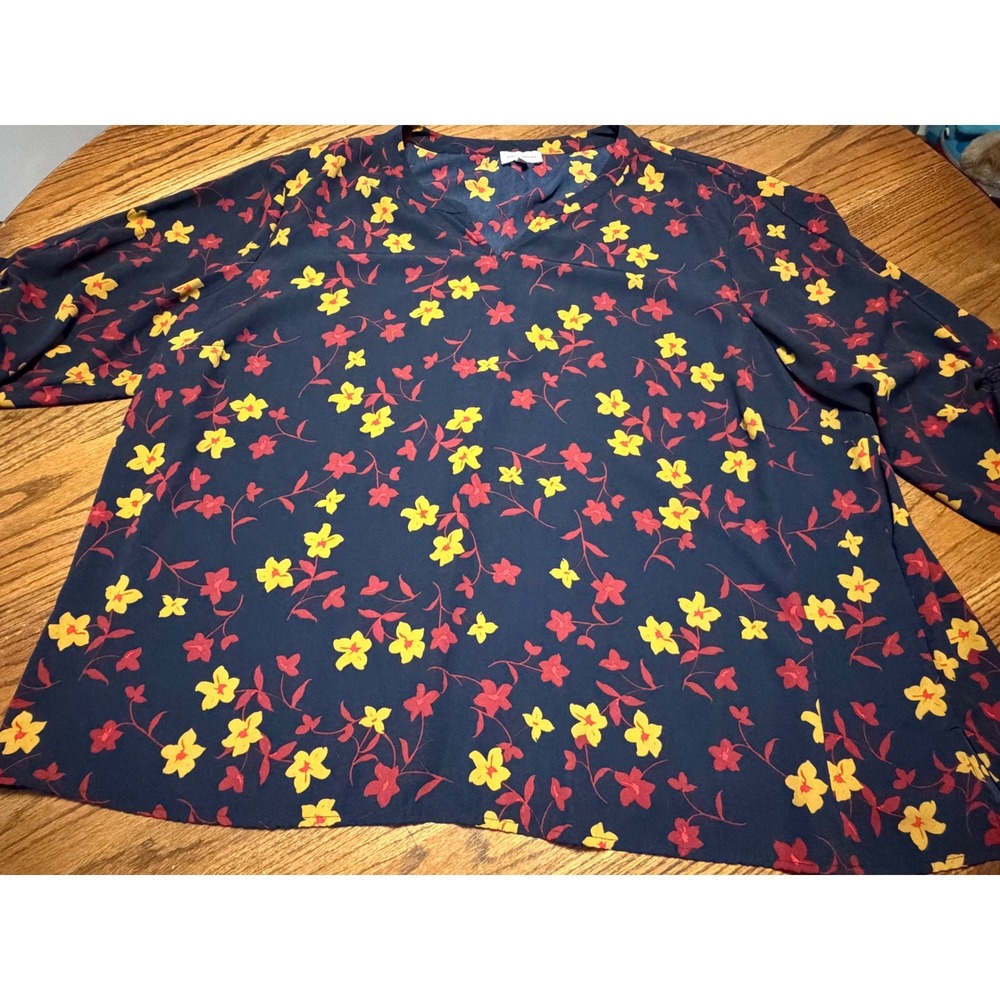 Molly & Isadora Womens 4X Floral V-Neck Blouse Navy Blue Yellow Red 3/4 Sleeve